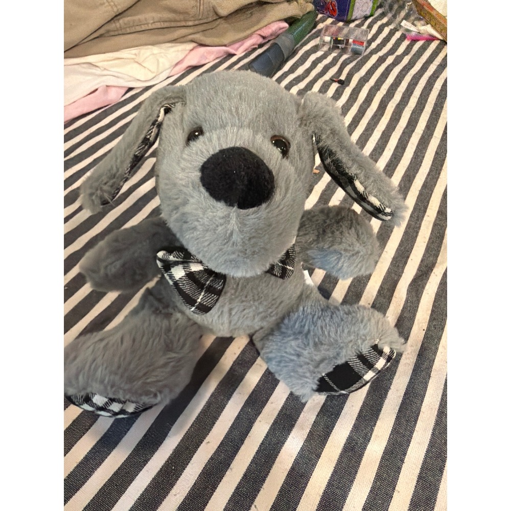 MTY International Gray Plush Dog Buffalo Plaid Bow Tie Checkered Ears Paws 2023